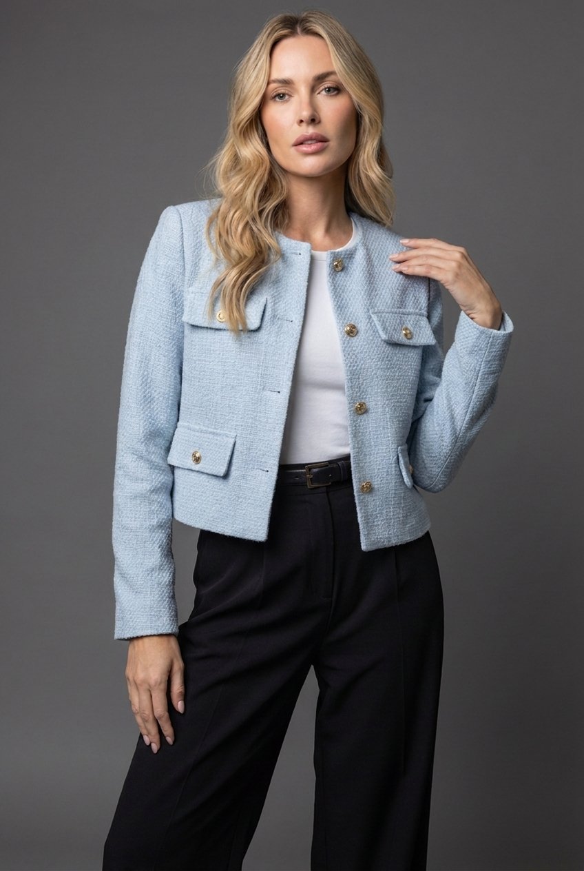 Produktbild – Victoria – Dam Tweed Cropped Blazer Rund Hals Guldknappar