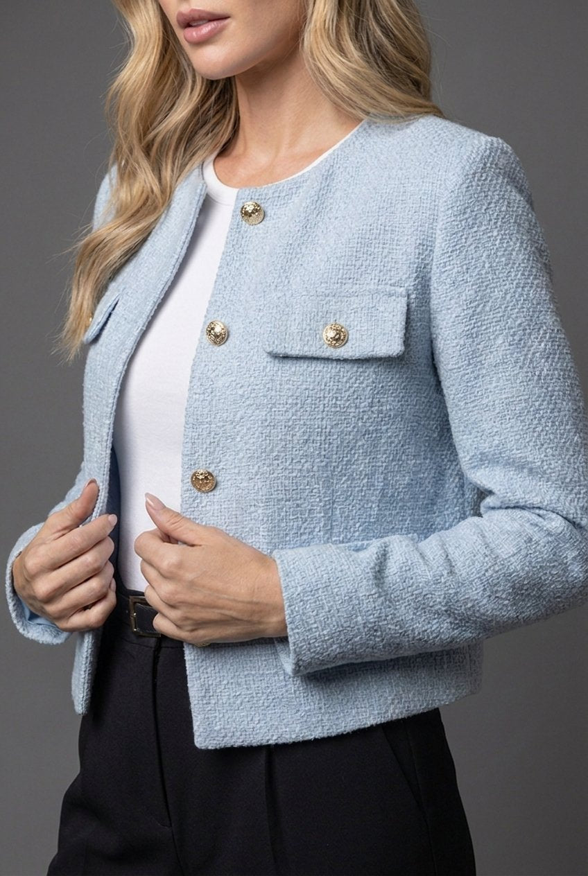 Produktbild – Victoria – Dam Tweed Cropped Blazer Rund Hals Guldknappar